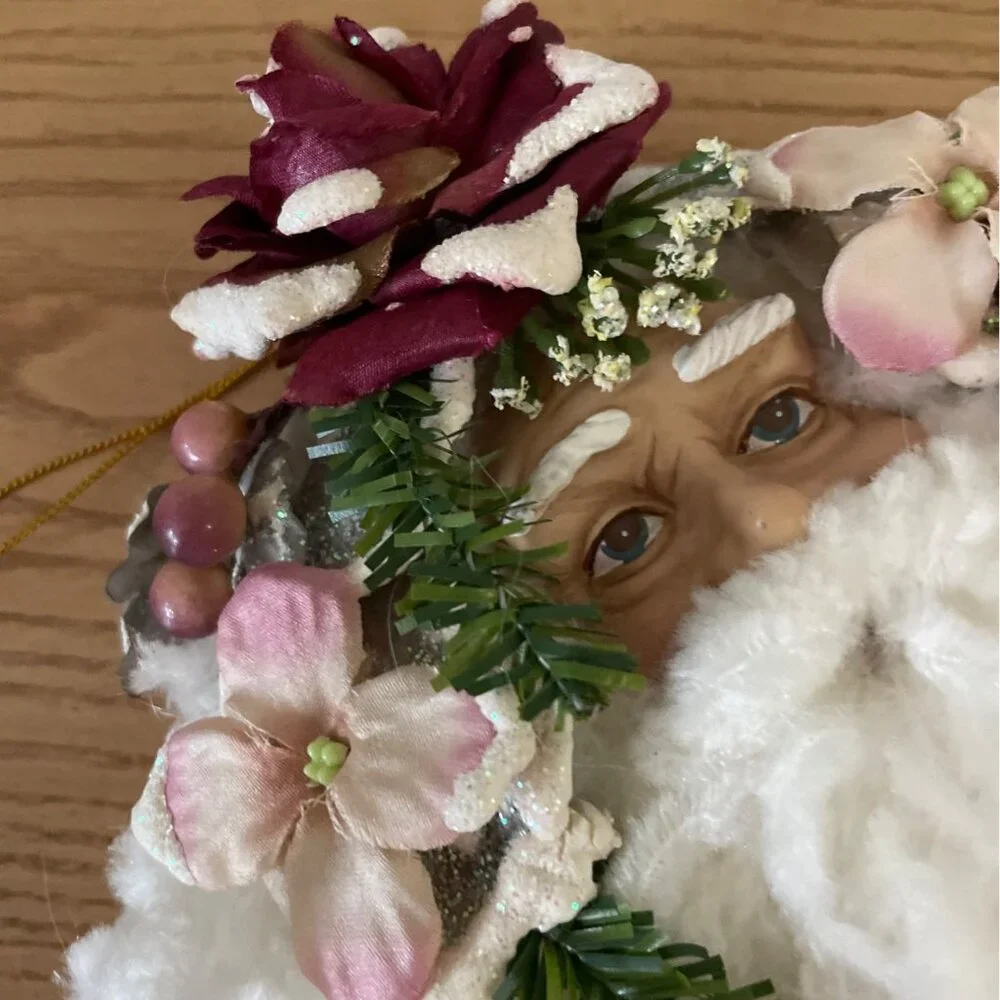 Vtg Santa Face Head Christmas Ornament Yarn Beard Pink Mauve Flowers Expressive